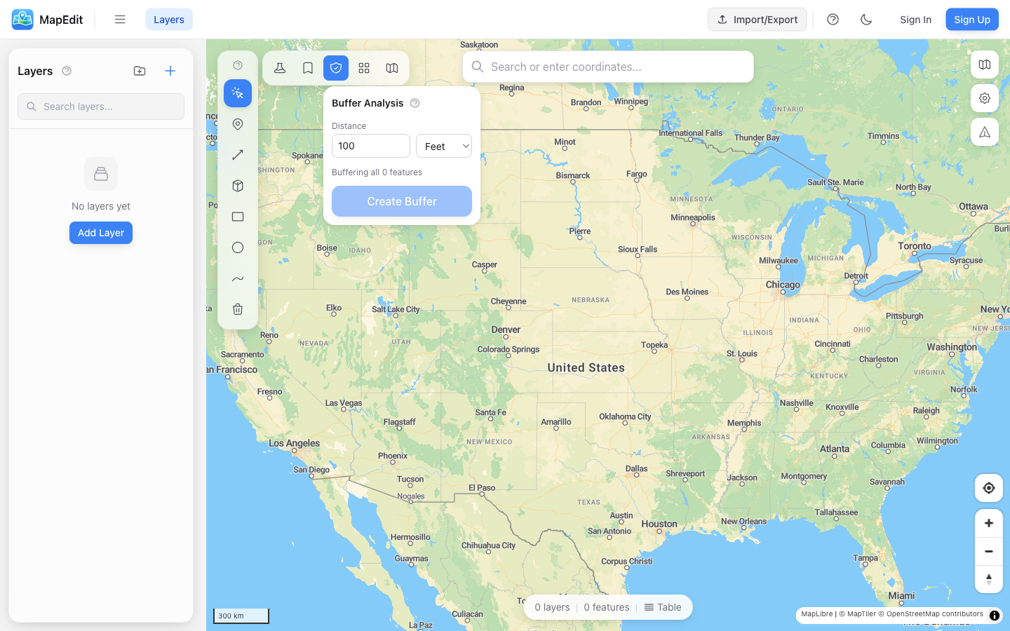Buffer Analysis panel with distance input, unit selector, source layer dropdown, and Create Buffer button