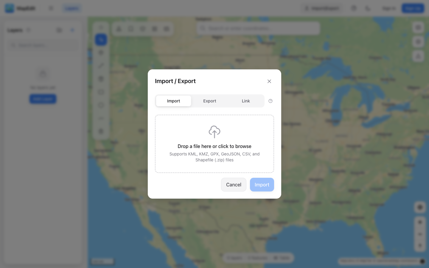 Import / Export modal with Import, Export, and Link tabs. The Import tab shows a drop zone for files and a list of supported formats.