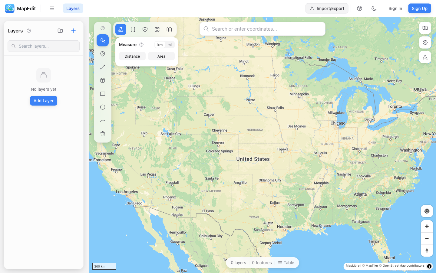 Measurement panel with Distance and Area mode toggles