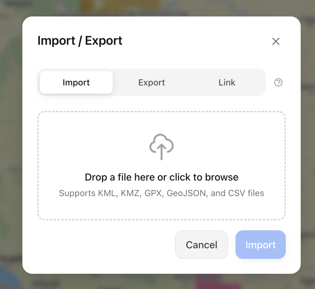 MapEdit import dialog supporting KML, KMZ, GPX, GeoJSON, and CSV files