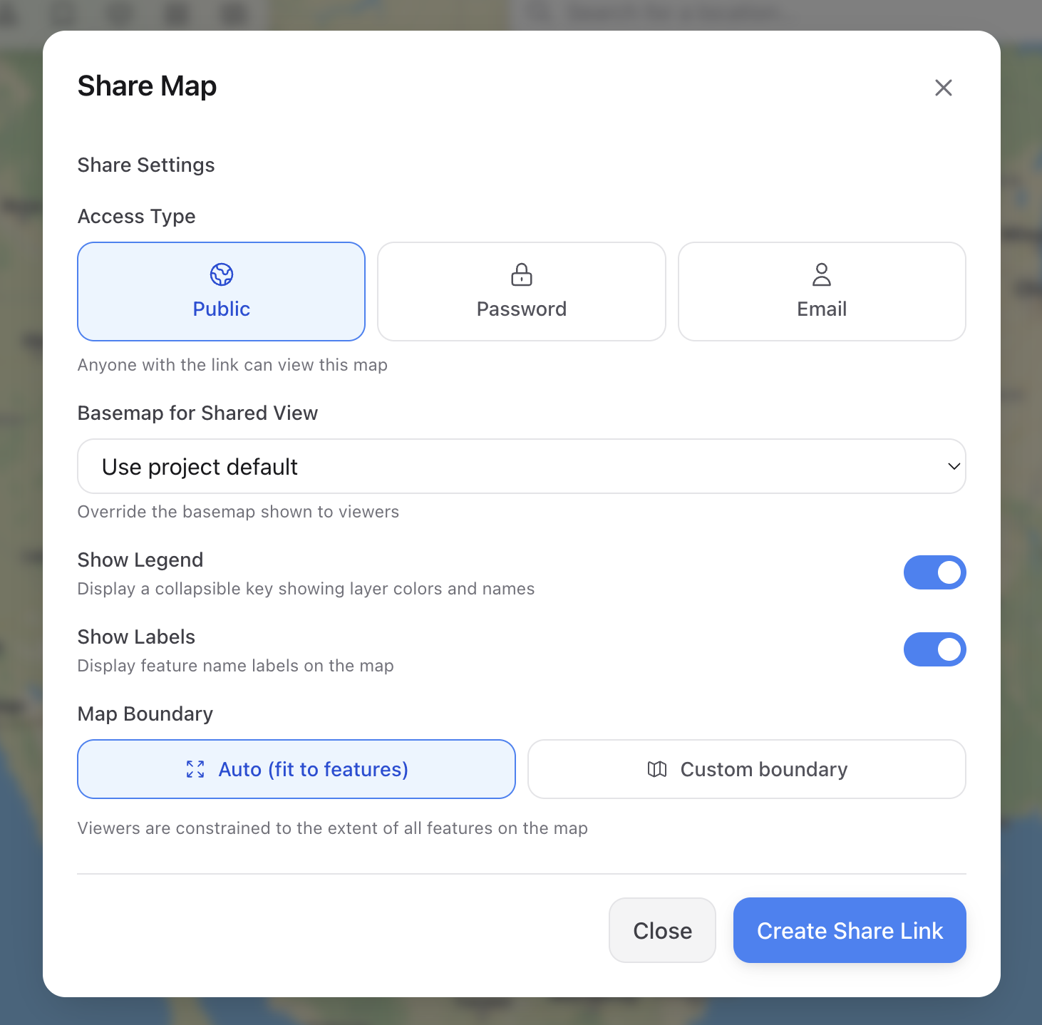 MapEdit share dialog with public, password, and email access options