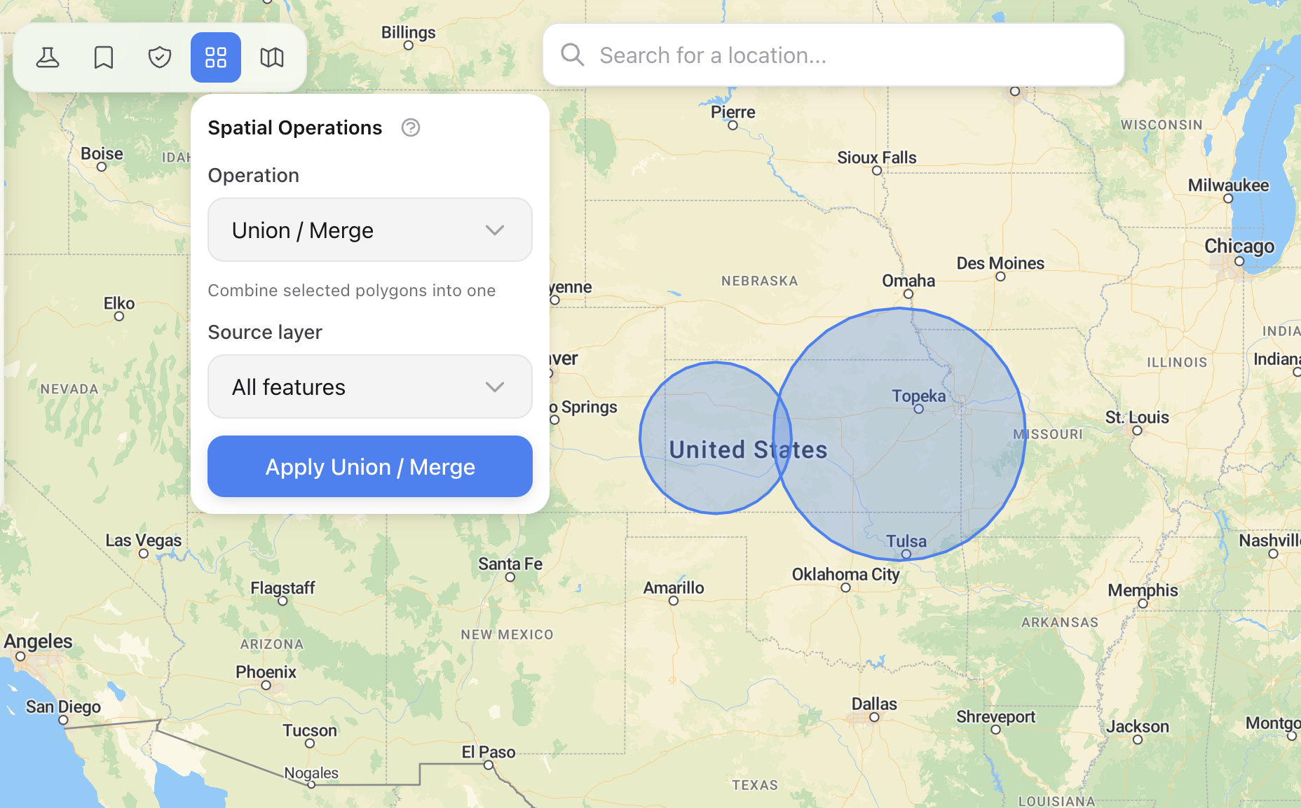 MapEdit spatial operations panel showing union/merge on map features